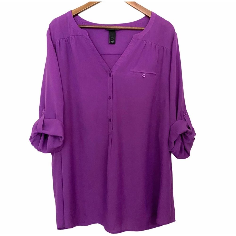 Lane Bryant Women's Purple 3/4 Roll Tab Sleeve Popover Vneck Blouse Size 22/24